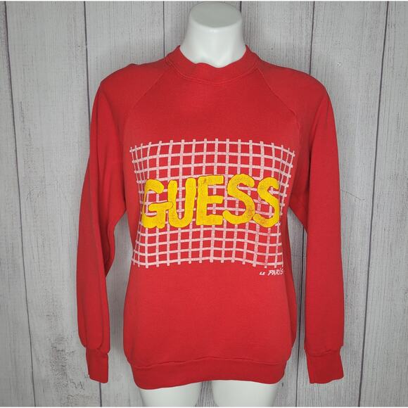 Vintage Guess Red Yellow Logo Crosshatch Sweater Shirt - Picture 1 of 9